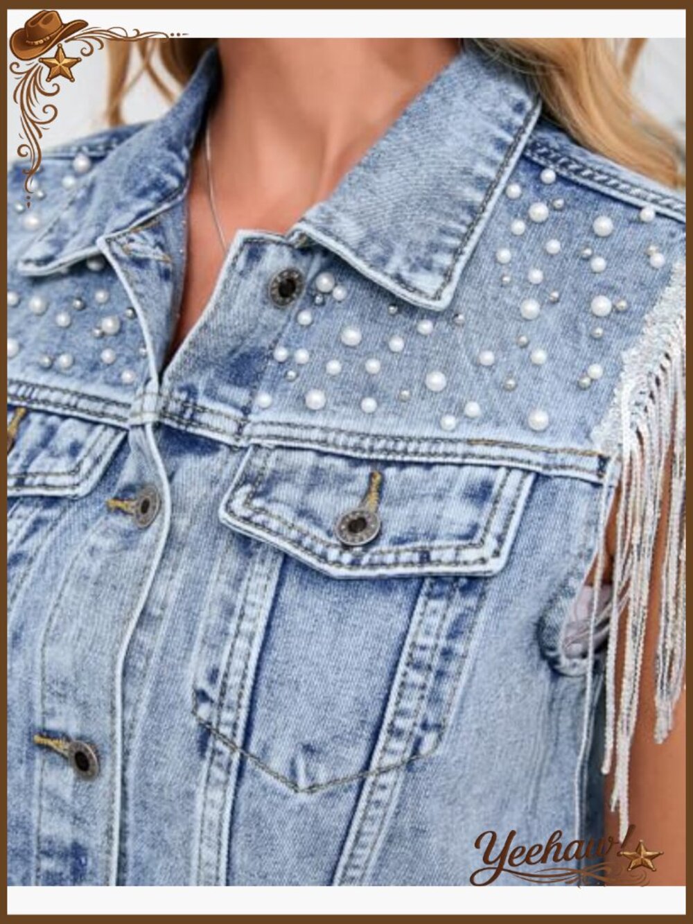Pearls Beading Denim Vest Sleeveless Sequin Fringe Tassel Cowgirl Jean Vest - Picture 2 of 7